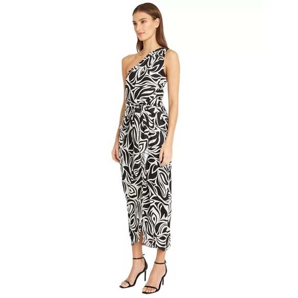 Donna Morgan Printed One Shoulder Tie Waist Dress with Draped Skirt Size 4 - Picture 11 of 16